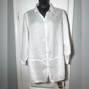 Tahari Tops Womens 2X White 100% Linen Tunic Button-Up Casual Lightweight